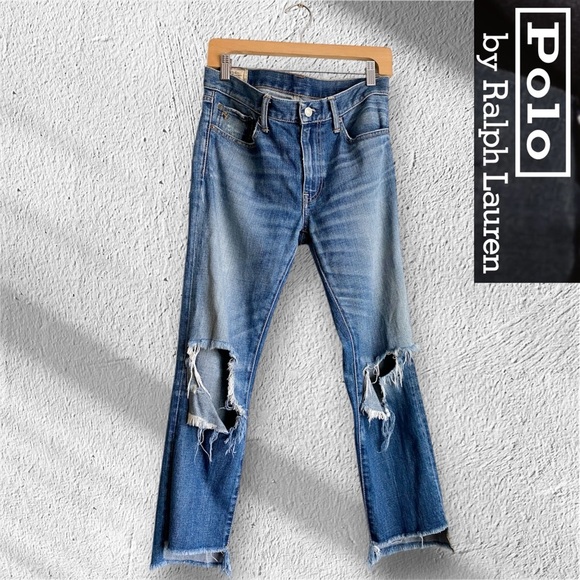 Polo Ralph Lauren Dungarees Women's Blue Distressed Jeans Slim Crop Western 28 - Picture 1 of 10